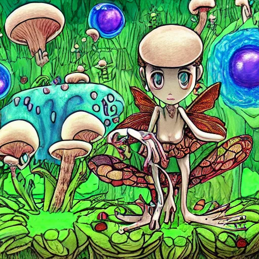 Prompt: scary godlike fairy killing a frog in a detailed mushroom village, superb Resolution , art style of junji ito, cel animation , masterpiece , post-processing , intricate , hyper realistic anime , perfect pixel art , vibrant colors