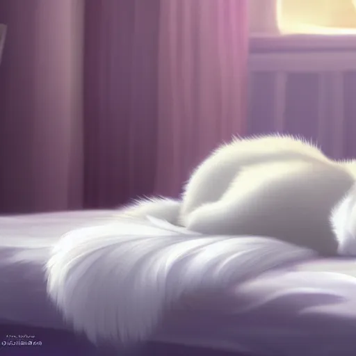 Image similar to a white ragdoll cat lies on the bed in the bedroom, warm atmosphere, anime key visual, digital art, anime screenshot, kyoto animation, makoto shinkai, trending on pixiv,