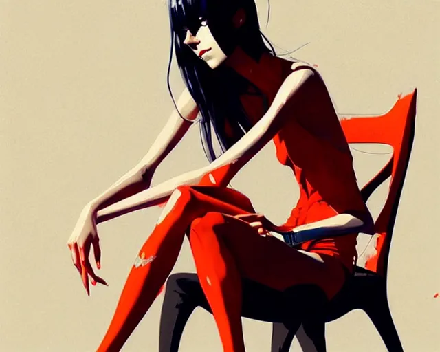 Image similar to a ultradetailed beautiful panting of a stylish woman sitting on a chair, by conrad roset, greg rutkowski and makoto shinkai, trending on artstation