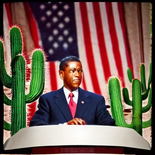 Prompt: “ a still from a presidential address, the president is a cactus ”