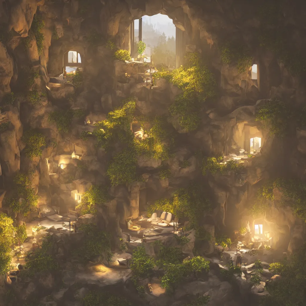 Image similar to secret overwatch common area carved inside a cave, multiple bedrooms, sheltered, magical, natural light, planters, central tree, candle light, cinematic lighting, clean lines, cozy, fantasy, minimalist architecture, sharp focus, concept art, octane render 8 k