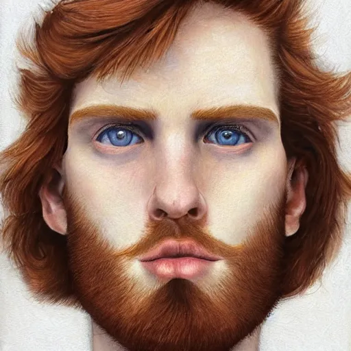 Image similar to 2 4 - year - old man, masculine face, hyper masculine features, tall, extremely pale skin, square jaw, ginger hair, beard, square face, big round sapphire blue eyes, hyper realistic face, beautiful eyes, highly detailed, digital painting, smooth, sharp, strong face, expressive eyes, medium long wavy ginger hair, art by greg rutkowski and alex gray