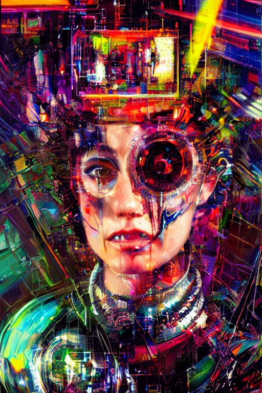 Prompt: portrait, headshot, digital painting, an delightfully mad techno - shaman lady, wink, synthwave, swirly bokeh, glitch, refraction, fracture, realistic, hyperdetailed, chiaroscuro, concept art, madness, art by john berkey