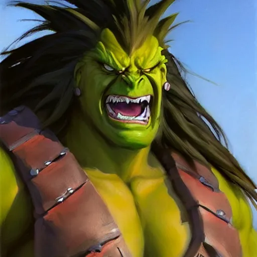 Image similar to greg manchess portrait painting of partially armored blanka from street fighter as overwatch character, medium shot, asymmetrical, profile picture, organic painting, sunny day, matte painting, bold shapes, hard edges, street art, trending on artstation, by huang guangjian and gil elvgren and gerald brom