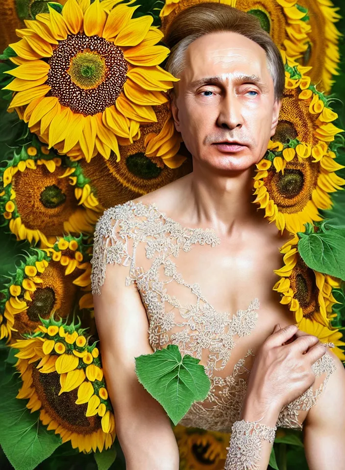 Image similar to photo portrait of Vladimir Putin - sunflowers - dressed in long elegant intricate ornamental sunflower dress, natural skin tone, highly detailed realistic flowers ornament in the upper side of breast, hair and wrinkles are intricate with highly detailed realistic flowers, elegant, Realistic, Refined, Highly Detailed, natural soft pastel lighting colors scheme, fine art photography by Cecil Beaton, volumetric lighting, hyper realistic photography