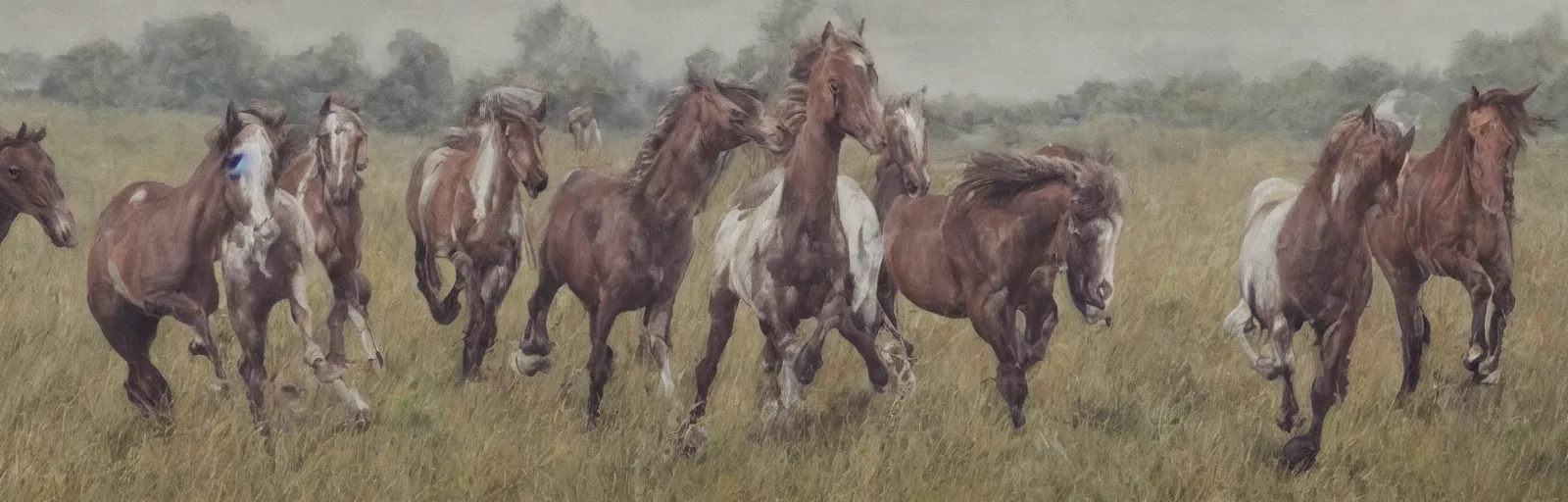 Image similar to lots of horses running through the field, hyper realistic, more details, they might be crawling, original oil on canvas painting by sydney mount