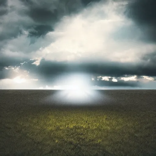 Image similar to a black portal opening up in the sky, zoomed out shot, landscape, dramatic lighting