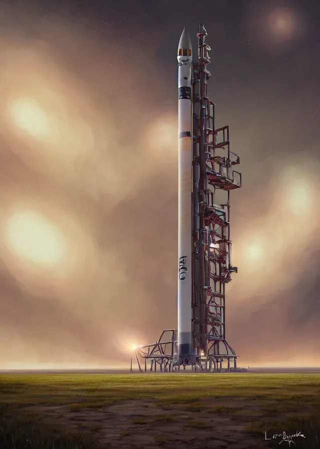 Image similar to epic professional digital art of complex heavy vertical rocket on launch pad, at takeoff, ambient light, painted,, cinematic, detailed, grand, leesha hannigan, wayne haag, reyna rochin, ignacio fernandez rios, mark ryden, van herpen, artstation, cgsociety, epic, stunning, gorgeous, wow wow detail