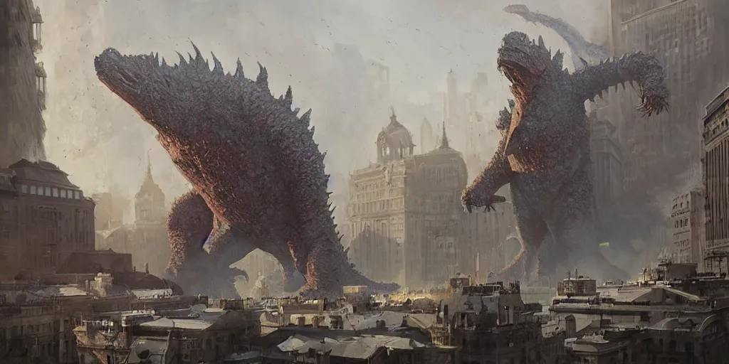 Image similar to kaiju attack in budapest painting, greg rutkowski, detailed, cinematic