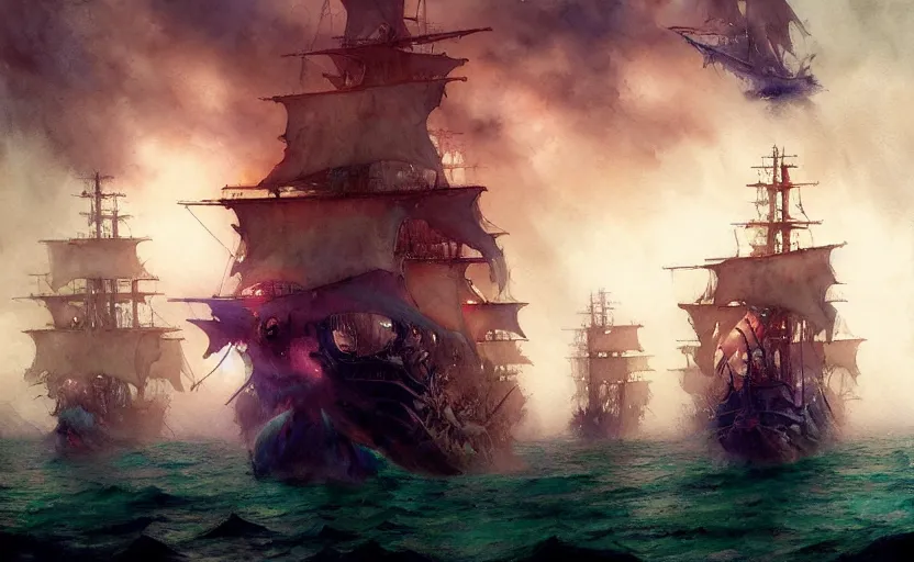 Prompt: pirate galleon fleet. intricate, amazing composition, colorful watercolor, by ruan jia, by maxfield parrish, by marc simonetti, by hikari shimoda, by robert hubert, by zhang kechun, illustration, gloomy, volumetric lighting, fantasy