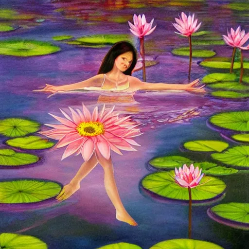 Image similar to girl floating in water, with waterlily flower, bright colours, painting, detailed, magical environment, peaceful, beautiful, artwork