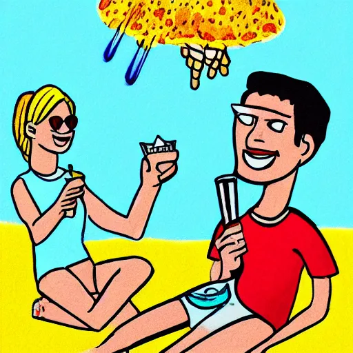 Image similar to a detailed drawing of a happy person who smoked too much weed, sunny day at the beach. pizza and pepsi at his side, joint still lit.