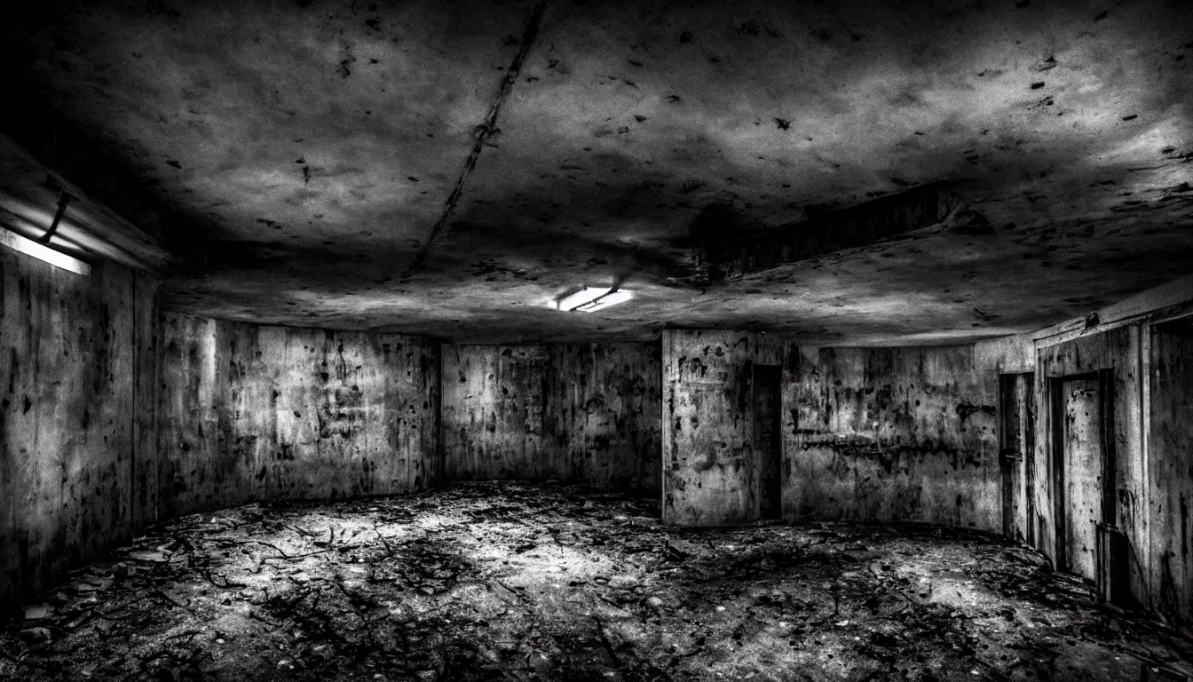 Image similar to haunted abandoned atomic nuclear bunker, dark, atmospheric, scary, claustrophobic, ambient vibe, very detailed, black and white, 4 k