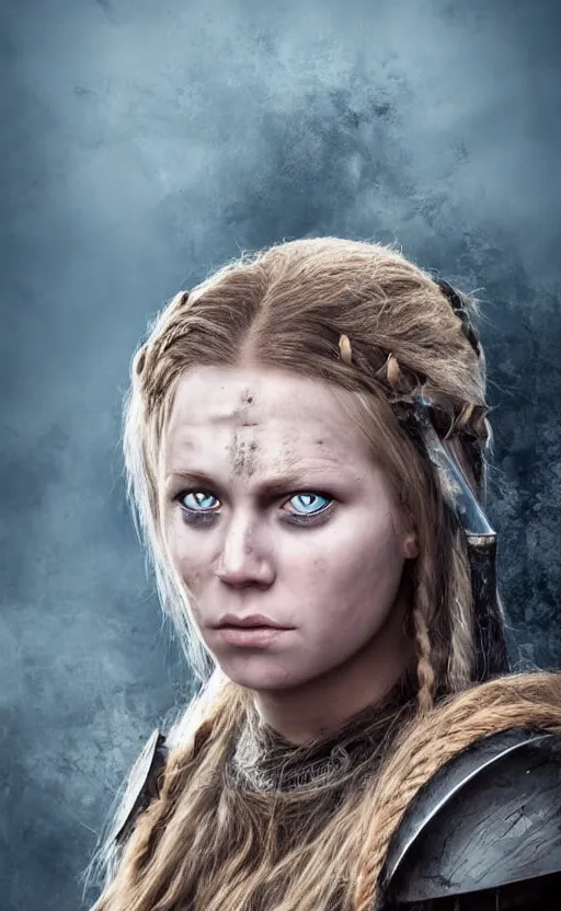 Image similar to photorealistic portrait of female viking warrior with large sad blue eyes, dirty skin, shoulders