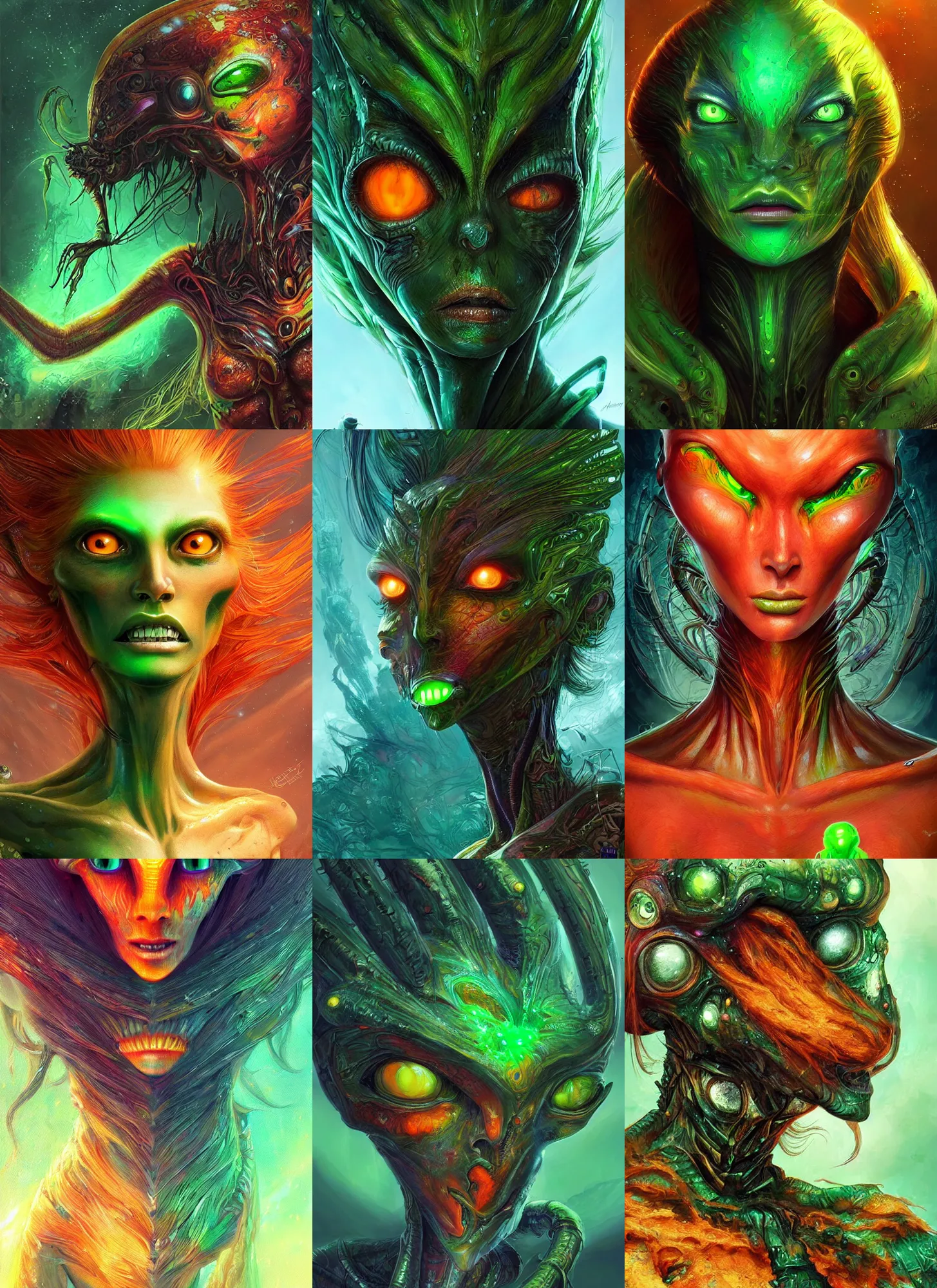 Prompt: beautiful female alien with glowing green eyes, orange skin and long fiery hair, concept art by Android Jones, highly detailed, ultra detailed, ultra realistic, trending on artstation
