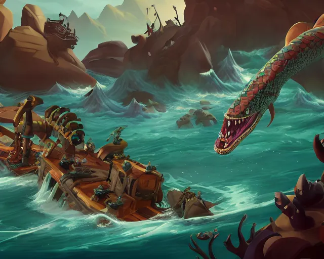 Image similar to sea of thieves animal boss character concept art for a gigantic sea serpent snake leviathan, cgsociety, trending on artstation, rare ltd,