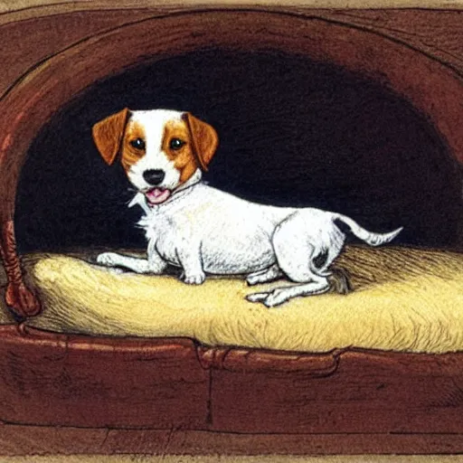 Image similar to portrait of jack russel terrier crying on the dog bed, illustrated by peggy fortnum and beatrix potter and sir john tenniel