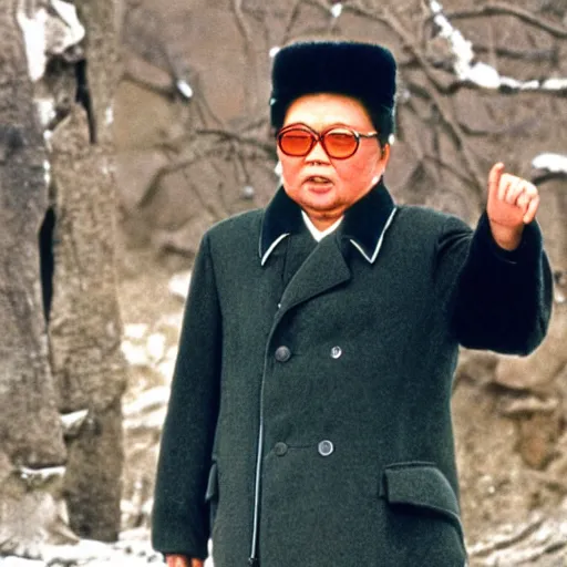 Prompt: filmstill of Kim Jong-il wearing a chapka in the role of Doctor Zhivago by David Lean, 1965, cinemascope, Eastman Color Negative 50T 5251 Neg. Film, epic romance