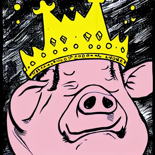 Prompt: detailed lineart comic book drawing of grinning pig wearing a gold crown flying with a cape in the style of jim lee