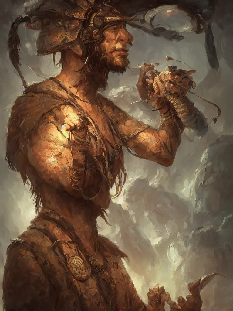 Image similar to Neolithic shaman, wearing playing Virtual Reality, prehistoric, beautiful painting, character concept art portrait, matte fantasy painting, DeviantArt Artstation, by Jason Felix by Steve Argyle by Tyler Jacobson by Peter Mohrbacher, cinema