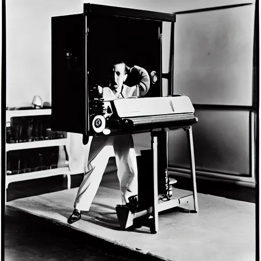 Image similar to Kodachrome portrait of Marcel Duchamp with an technologival machine, archival pigment print in the style of Hito Steyerl, studio shooting, contemporary art