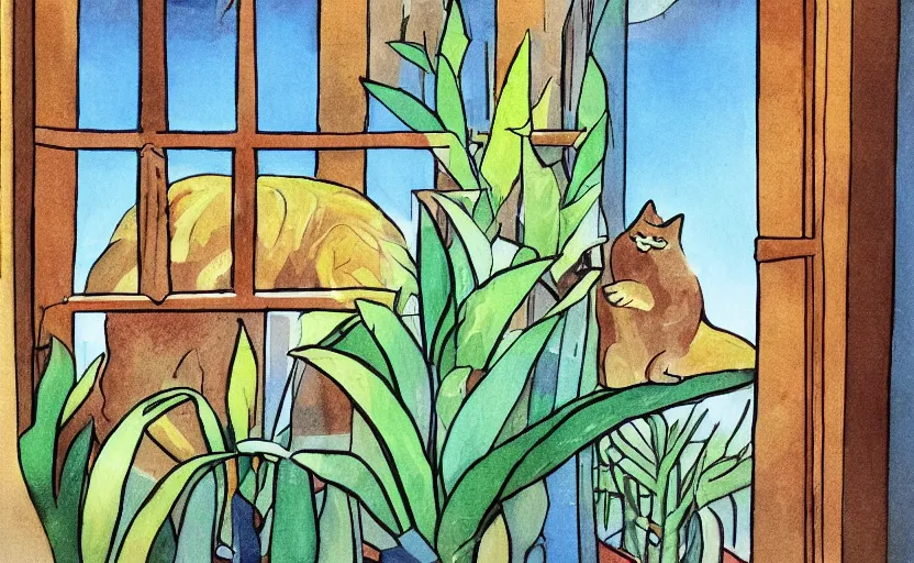 Prompt: sleeping cat on window, inside house in village, plants, sun, orphism style