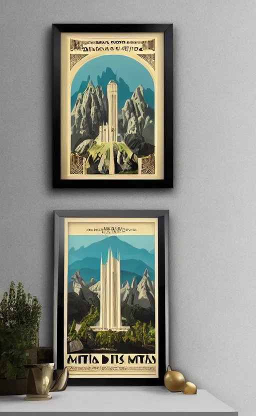 Image similar to art deco travel poster of minas tirith, framed poster