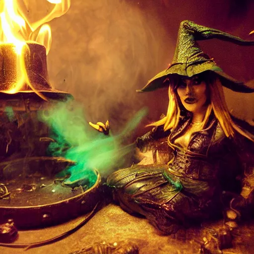 Prompt: close shot of an old fire witch brewing in her lair, detailed, witch hat, dungeon, green smoke, fire, smoke, realism, realistic, hyper detailed, green lighting, ambient lighting, smoke, haze,