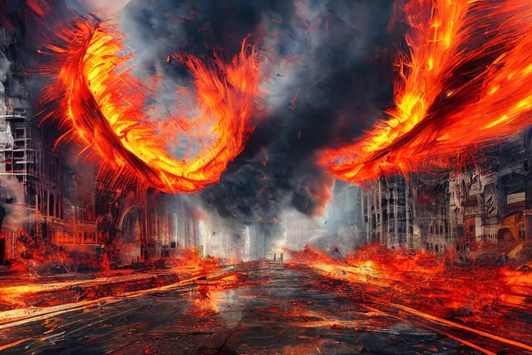 Image similar to destructive fire tornado in the city, photorealistic, highly detailed, sharp focus, vivid, colorful, symmetrical, random, convoluted, mind - blowing, creative, fully functional, end of the world, physics defying, amazing, loud