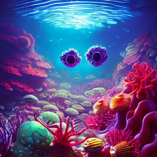 Prompt: intricate alien anemones and coral reef with happy faces, underwater photography, soft focus, soft lighting, by Pixar, by Alena Aenami