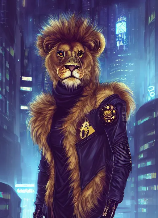 Image similar to award winning beautiful portrait commission of a male furry anthro lion fursona with a tail and a cute beautiful attractive detailed furry face wearing stylish black and gold cyberpunk clothes in a cyberpunk city at night while it rains. Character design by charlie bowater, ross tran, artgerm, and makoto shinkai, detailed, inked, western comic book art