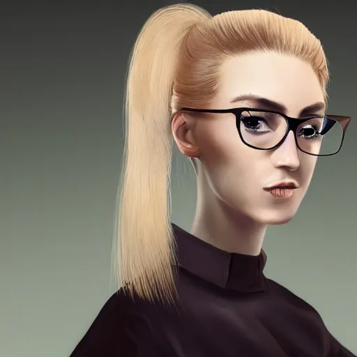 Image similar to middle aged beautiful french woman with blonde hair tied in a strict bun, manicuring nails, spectacles, lots of makeup, arrogant, rich, expensive voluminous dress, digital art, high quality, 8 k, detailed, d & d character,