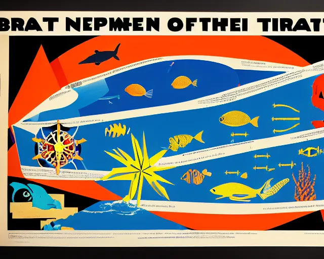 Image similar to footage of a theater stage, 1976 poster, cut out collage, film noir, break of dawn on Neptun, epic theater, tropical fish, nautical maps, NY style grafitti, in style of Ernst Haeckl, composition by Wed Anderson, written by Ernst Jandl, lens flare