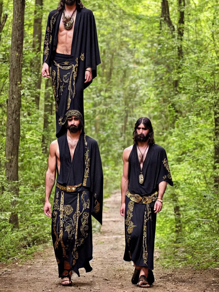 Prompt: full body shot longshot modern intricate textile ancient roman toga cloak long hair chiseled chin walking along the small creek in the woods versace gucci black gold