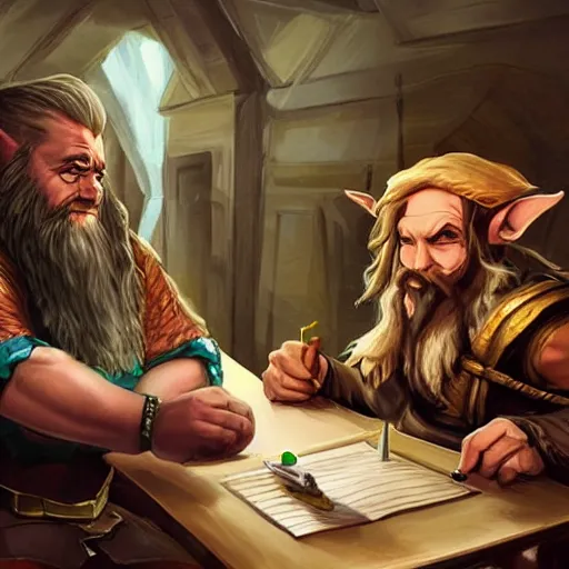 Prompt: Concept art of a human, dwarf, and an elf sitting around a table playing D&D, creative, fantasy