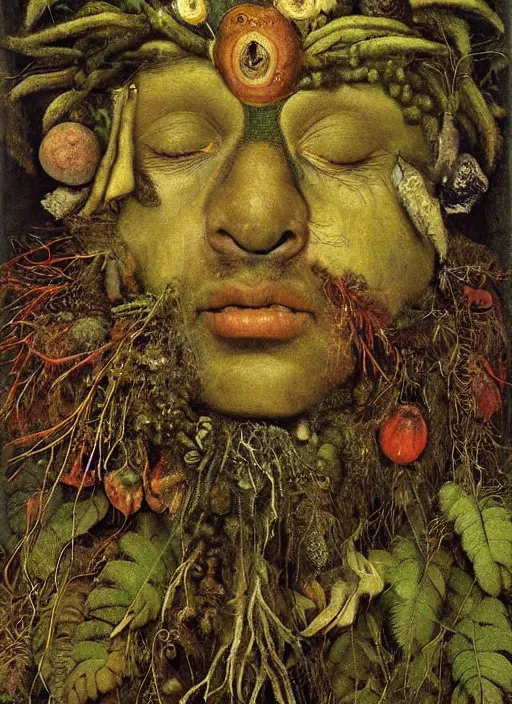 Prompt: a surreal painting of a shaman's face, by Giuseppe Arcimboldo, moss and ferns, symbolist, soft colors, dramatic lighting, smooth, sharp focus, extremely detailed, aesthetically pleasing composition