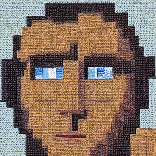 Prompt: minecraft dirt block, high definition picture of a painting of a person with a minecraft dirt block as a head on a wall, with only the body of the mona lisa