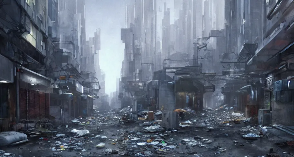 Prompt: a cinematic still frame of an alleyway in a futuristic dystopian city, littered with garbage, cold lighting, brutalist architecture, damp, cityscape, vanishing point perspective