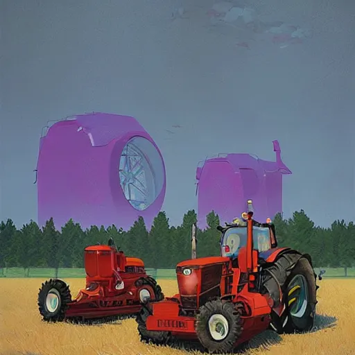 Image similar to farm tractors revolution, machine revolution, art by simon stalenhag