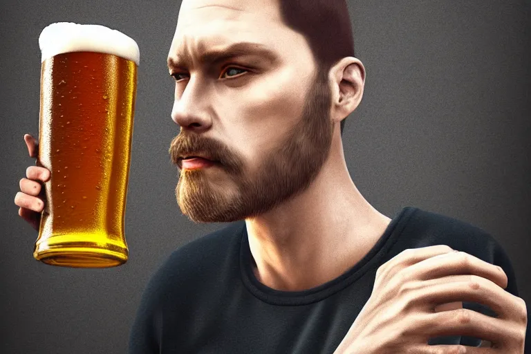 Image similar to portrait of Man drinking beer from steel can, elegant, highly detailed, smooth, photoreal, sharp focus, illustration, beautiful, geometric, dmt trending on artstation, cinematic, artwork by WLOP