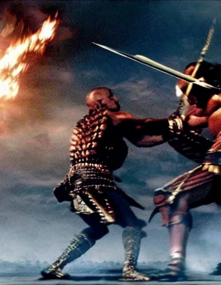 Prompt: epic battle screen, film still from the movie'3 0 0'( 2 0 0 6 )