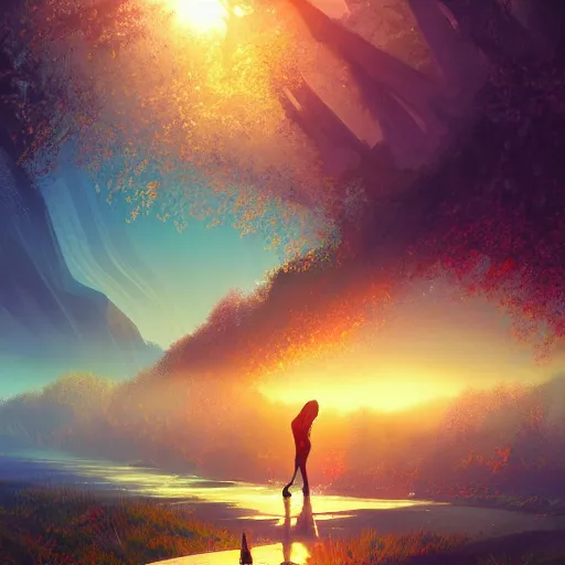 Image similar to E=mc2, intricate, elegant, fantasy, highly detailed, digital painting, concept art, sharp focus, illustration, beautiful volumetric lighting, epic light, artstation, magic hour lighting, colorful, sunshine, springtime, art by Sylvain Sarrailh