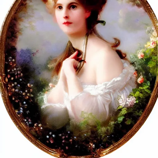 Image similar to Alice in Wonderland,a portrait of a beautiful Silver hair girl,Diamonds Blaze,Rose twining,luxuriant,dreamy, eternity, romantic,highly detailed,in the style of Franz Xaver Winterhalter, highly detailed,night lighting