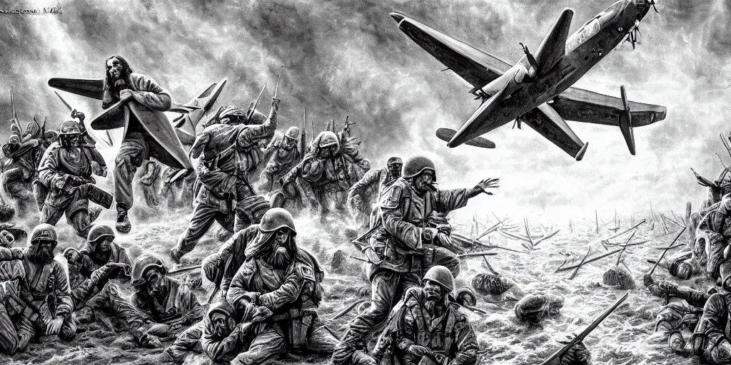 Image similar to !dream Jesus alongside the US air force, octopus, satanic, ritual, planes, battlefield, trending on art station, epic battle, intense battle, large scale battle, Jesus Christ, United States Air Force, infantry, 8k