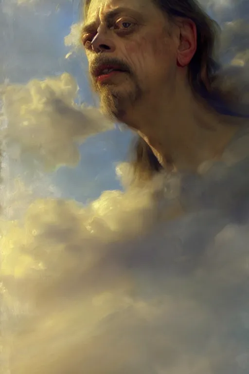 Image similar to beautiful detailed expressive impressionistic oil painting portrait of ancient roman god emperor steve buscemi ascending into the clouds wearing the civic crown, renaissance painting, art by anders zorn, wonderful masterpiece by greg rutkowski, expressive brush strokes, beautiful cinematic light, american romanticism by greg manchess, jessica rossier