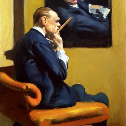 Image similar to A portrait of James Cagney smoking a cigar in a busy hotel lobby, painting by Edward Hopper and John Singer Sargent