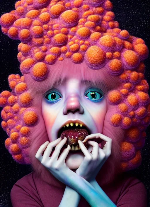 Prompt: hyper detailed 3d render like a Oil painting - kawaii portrait Aurora (coral haired Singer Ferret) seen Eating of the Strangling network of yellowcake aerochrome and milky Fruit and Her delicate Hands hold of gossamer polyp blossoms bring iridescent fungal flowers whose spores black the foolish stars by Jacek Yerka, Mariusz Lewandowski, Houdini algorithmic generative render, Abstract brush strokes, Masterpiece, Edward Hopper and James Gilleard, Zdzislaw Beksinski, Mark Ryden, Wolfgang Lettl, hints of Yayoi Kasuma, octane render, 8k