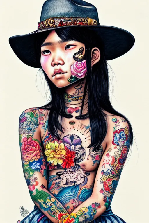 Prompt: full view of indonesian girl with classic tattoos, wearing a cowboy hat, style of yoshii chie and hikari shimoda and martine johanna, highly detailed