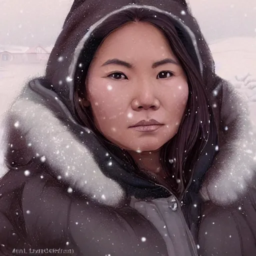 Image similar to portrait of emma an inuit in her 3 0 s with dark hair and chubby cheeks dressed in a winter parka, detailed face, smooth, sharp focus, graphic novel, art by artgerm and greg rutkowski and pepe larraz,