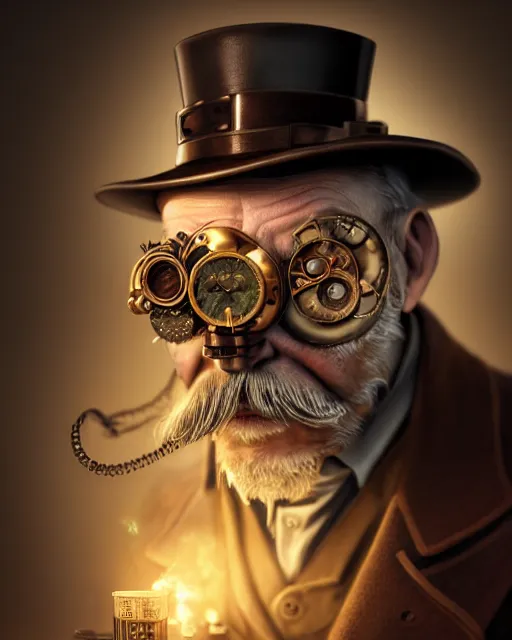 Prompt: steampunk old man portrait, handsome, steampunk hat, detective coat, steampunk monocle, hyper realistic 3 d render by ilya kuvshinov, peter mohrbacher, greg rutkowski, ryohei hase, dramatic lighting, intricate, highly detailed, sharp focus, luminous, unreal engine, blender, deviant art, masterpiece, ray tracing